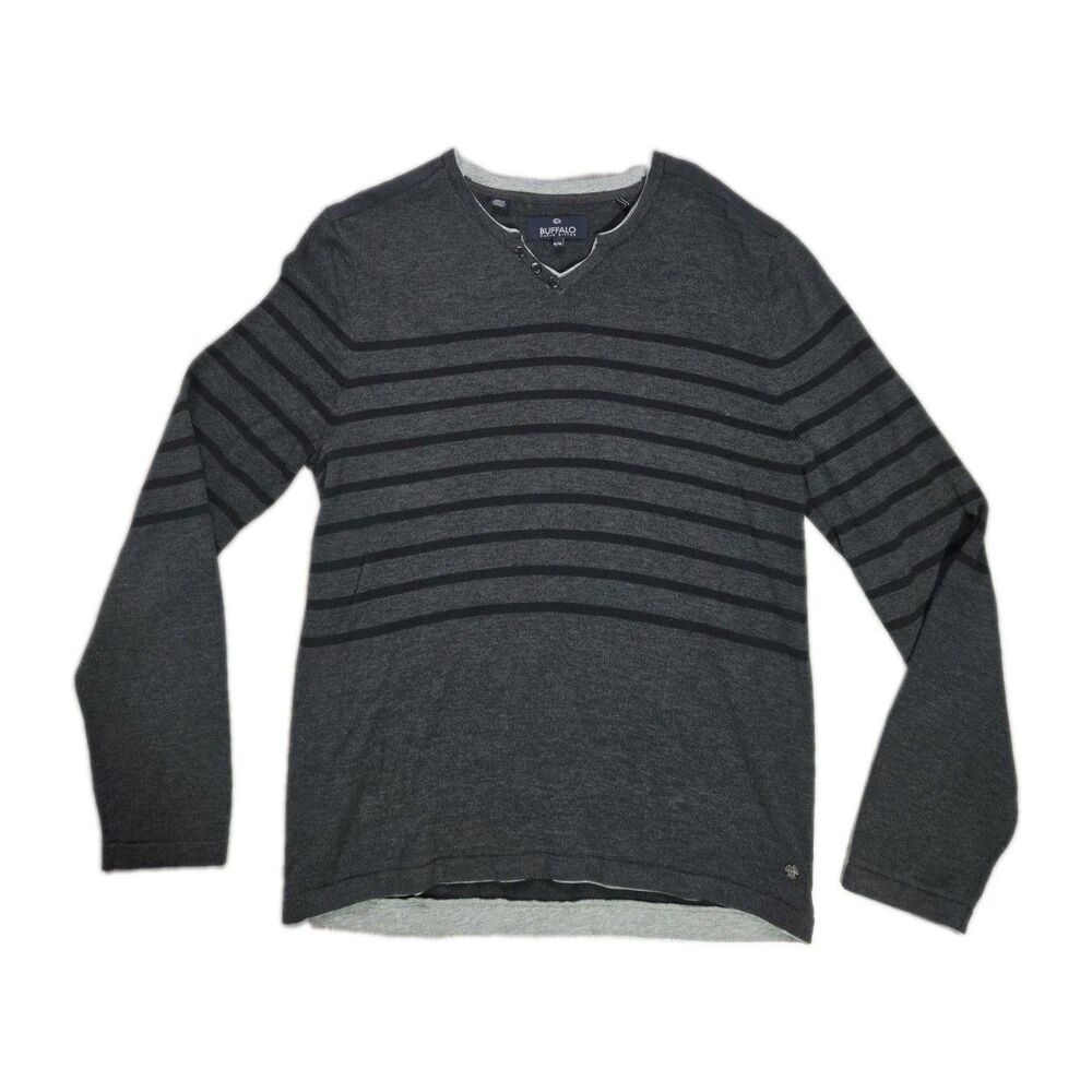 Buffalo David Bitton Gray Black Striped Henley Sweater Cotton Blend Mens XL EUC